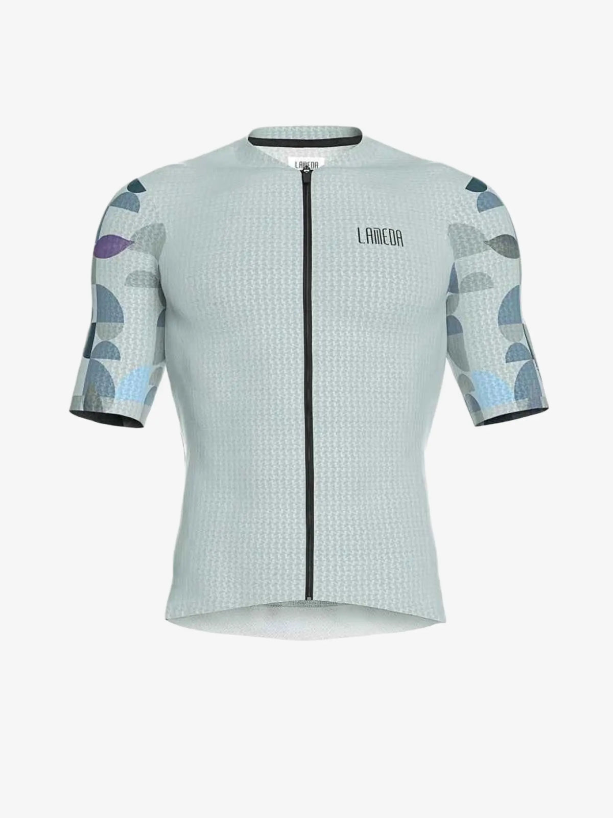 Light gray lamea cycling jersey with relaxed fit short sleeves and blue purple geometric patterns on the arms