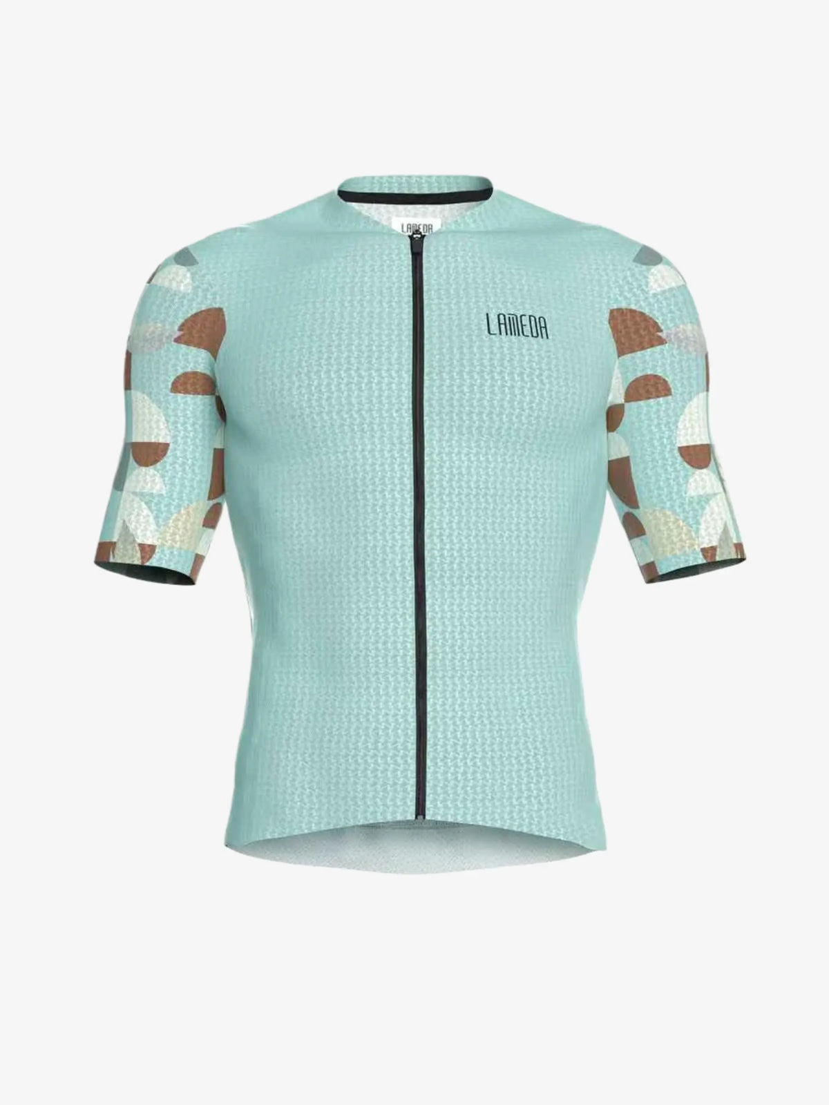 Light blue cycling jersey with relaxed fit waffle knit fabric and short sleeves featuring abstract geometric pattern