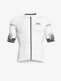 White lamea cycling jersey with textured knit fabric and pixelated gray purple accents in a relaxed fit for men