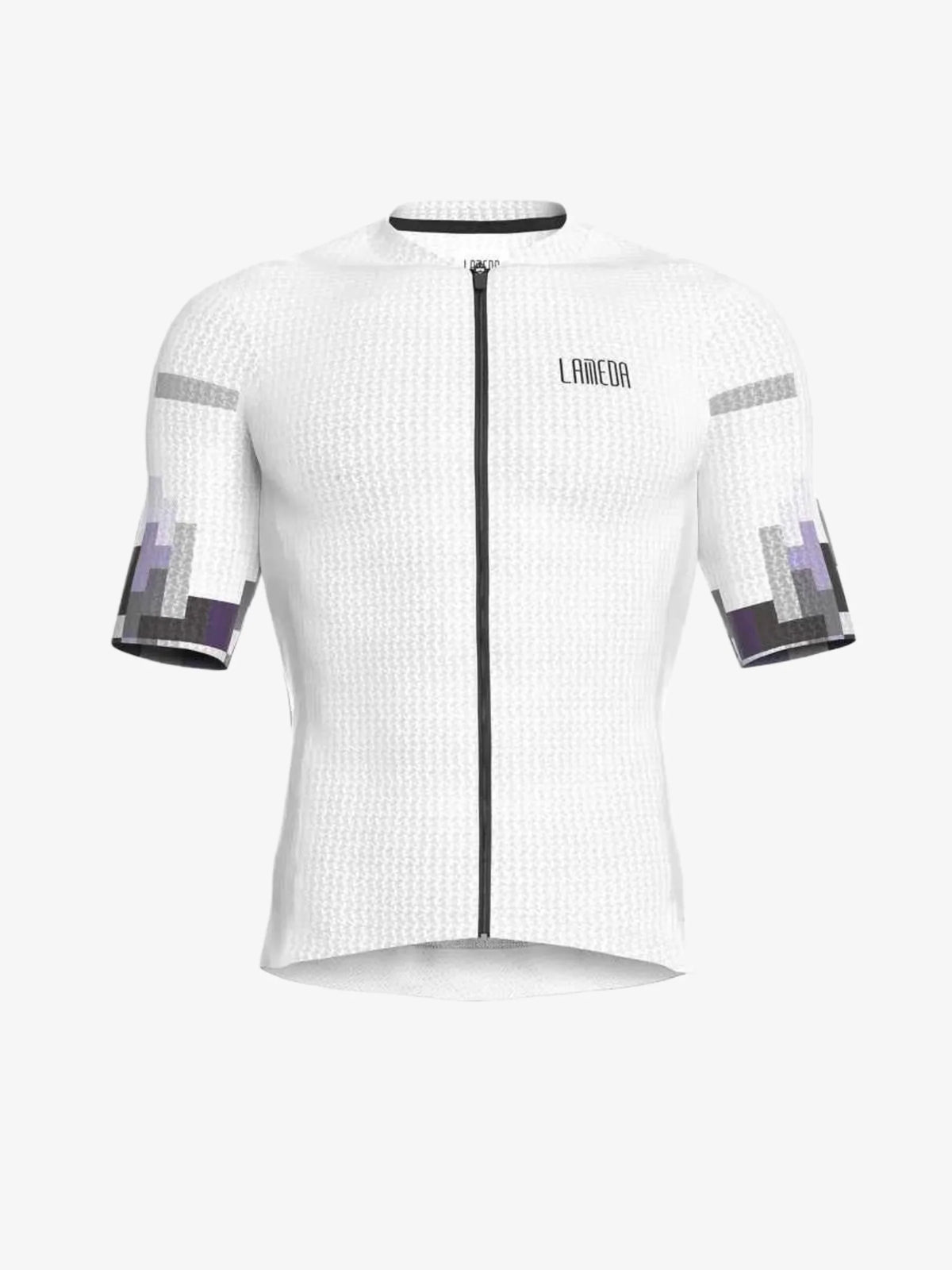 White lamea cycling jersey with textured knit fabric and pixelated gray purple accents in a relaxed fit for men