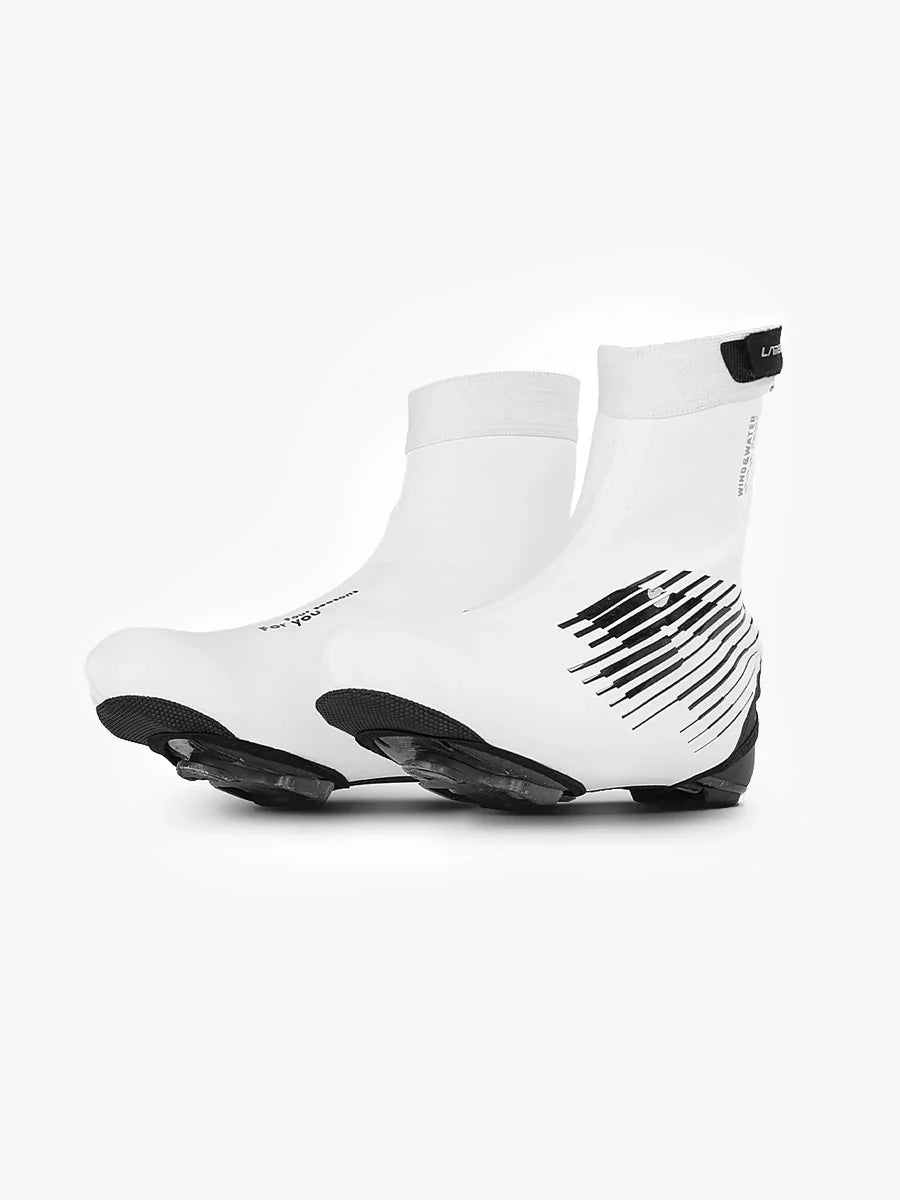 White warm cycling shoe covers with black diagonal stripes designed for light rain and road splashes protection