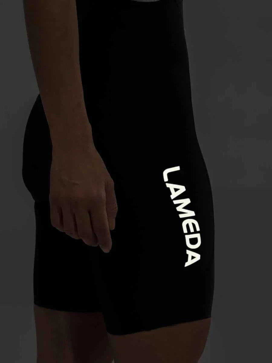 Black women’s elite bib shorts 2025ssxx488 with white lameda logo breathable mesh waistband and anti-slip leg grippers