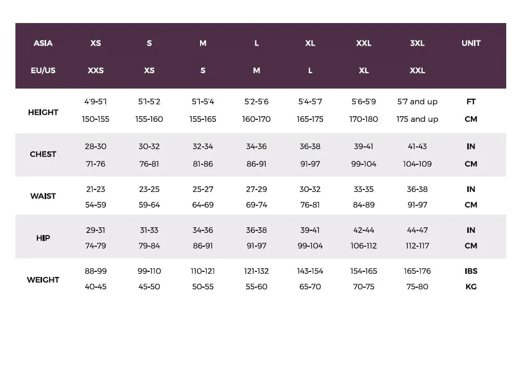 Sunset Women's Thermal Fleeced Bib Tights - Size chart