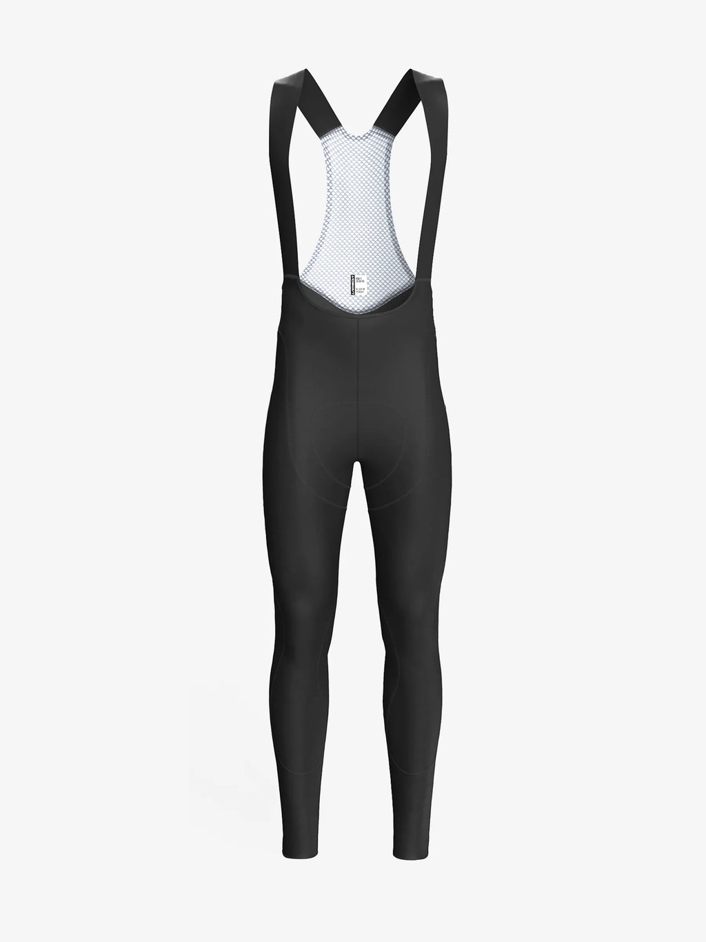 Men’s double layer thermal fleeced black cycling bib tights with white mesh back panel and padded shoulder straps